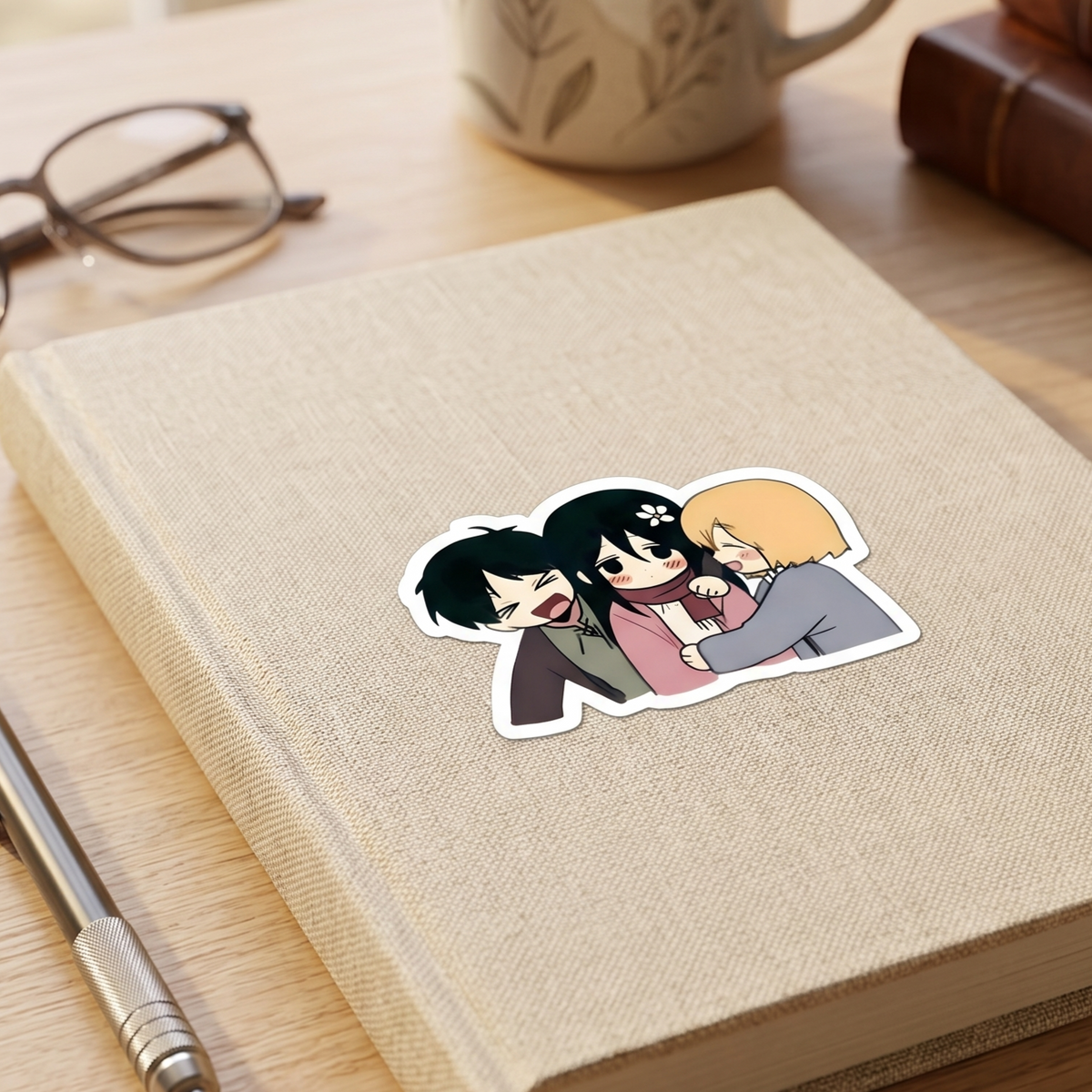 Armin, Eren and Mikasa Attack on Titan Sticker close up view Devbu Store