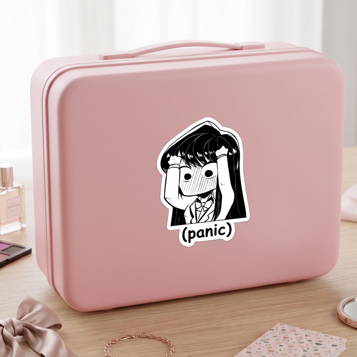 Komi Panic Meme Anime Vinyl Sticker close up view Devbu Store